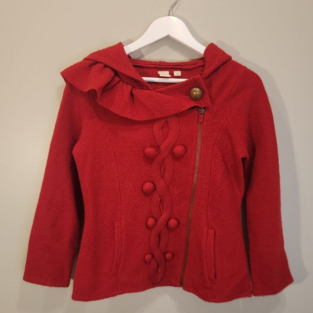 Anthropologie Red Felted Wool Knit Ruffle Hooded Zip Sweater Jacket - Size S